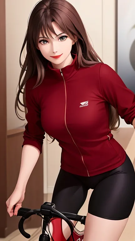 woman , long hair brown, normal, dark, she is solo, from mirror world ,best quality, realistic, cycling (full dark red color) suit and cycling sports black shorts, she is stand , smile, red lipstick , 