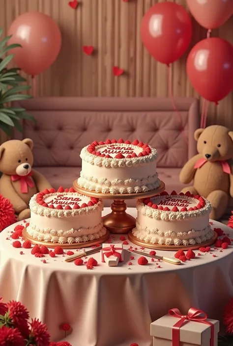 3 cakes  each cake is diffrent with name Sana anum mughal. Well wisher  . Normal sofa  2 tedy bear 3 gifts one knife 5 ballons red flowers  the wall look like simple pakistani poor home . The cakes are simple like home made . Sofa was simple wooden like Pa...