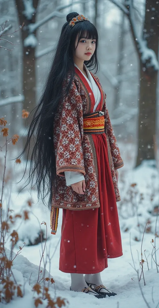 High quality. A real Oriental Japanese girl with 18 years old with beyond floor length black hair and see her "whole" body wearing thick lambswool traditional Wafuku standing nearby hot springs inside the forest, must see her whole body. The scenario of fo...