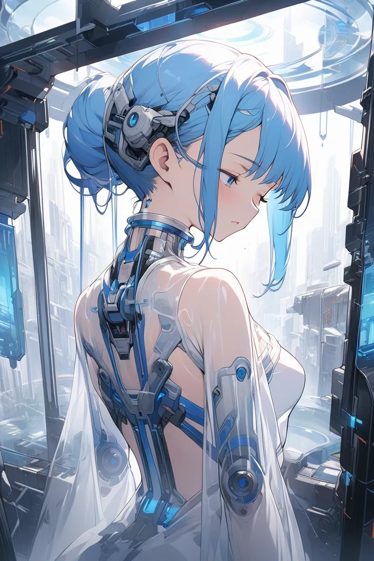 Imaginative、 complex illustration in cyberpunk surreal art style emerging from a large transparent culture tank ,  coming out of a large transparent culture tank 、 transparent blue two-tailed ether machine girl's bust , Blue and white mechanical body ,  bl...