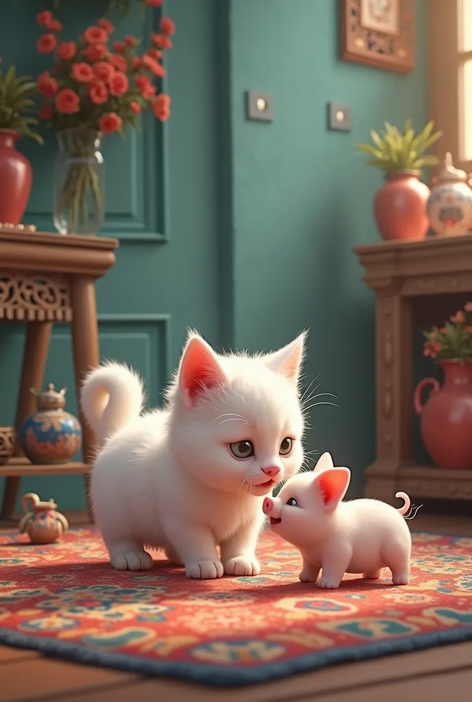 Beautiful white cat puppy playing with a baby piglet around the house. Image rich in colors and details. hyper reality 