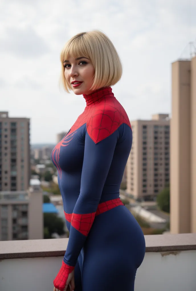 Woman, blonde, bob cut, spiderman suit, standing on building roof, cameltoe