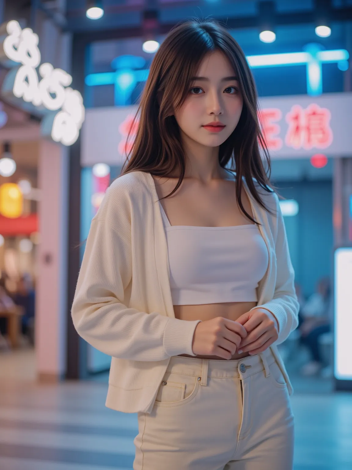 A young high school girl , energetic girl dancing in a TikTok-style video, mid-motion with a joyful expression. She has long, silky hair that flows naturally with her movement. She wears a stylish and trendy outfit, such as a crop top and high-waisted jean...