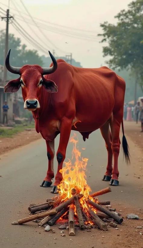 "A massive red cow is standing on a village road in India. In front of the cow, a small fire made of wooden sticks is burning on the ground. The cow is standing close to the fire, with its body partially illuminated by the warm glow. The background feature...