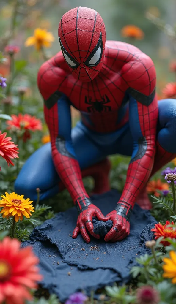 Spiderman pickup a small pic of Torn dark blue colour clothe laying on a flower ,at flower garden