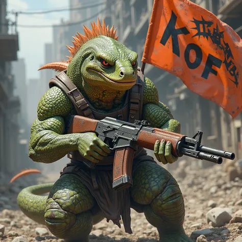 A fighting lizard holding an ak47 weapon with a flag that says KOF