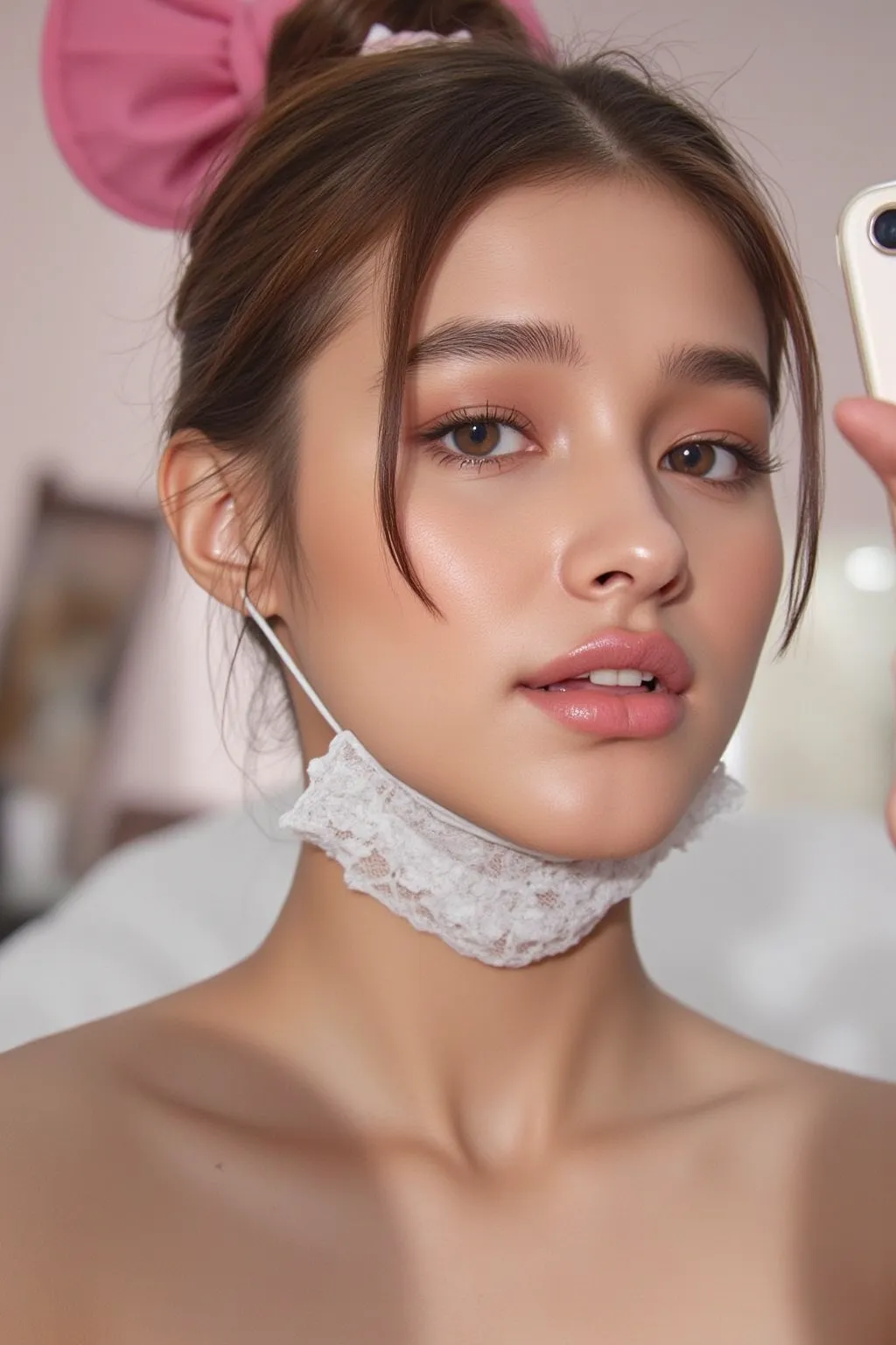 a beautiful woman holding her cellphone, mirror selfie, liza soberano ,medium breasts, hard erect nipples, brown eyes, sexy body ,enticing viewer, detailed cameltoe, beautiful face, gorgeous, beautiful, beautiful, beautiful face, Liza Soberano ,pale skin, ...