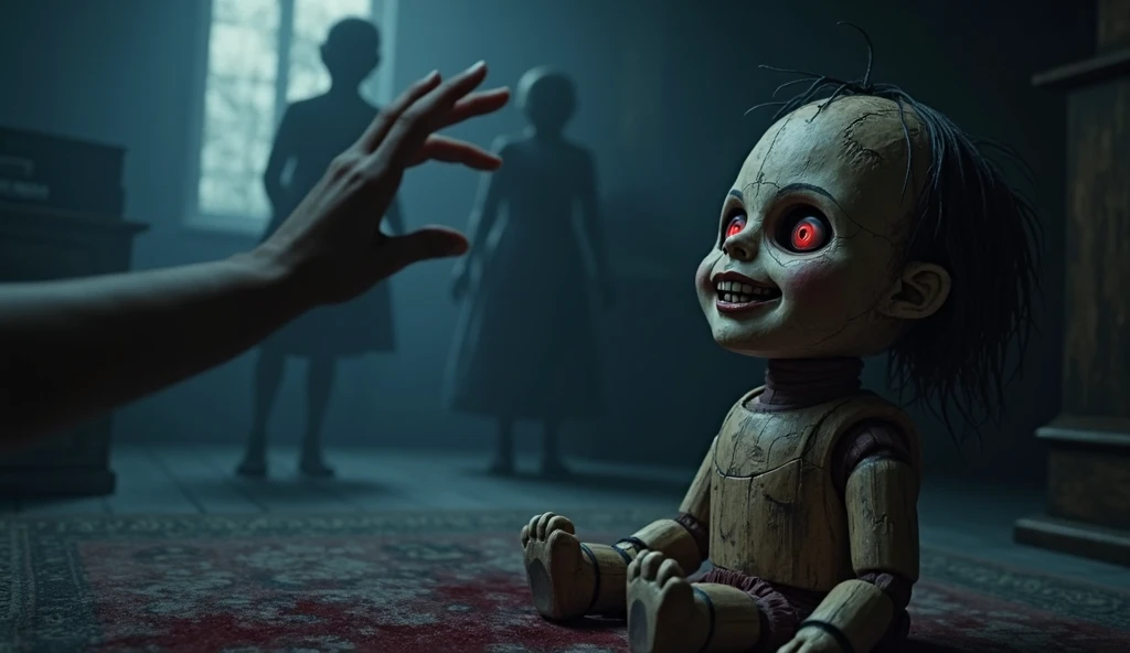 "A dark, eerie room with dim lighting and a haunted atmosphere. In the center sits Letta the Doll, an ancient wooden doll with glass red eyes that reflect eerie light and an unsettling grin. Her face appears cracked and aged, giving an ominous, lifelike ex...