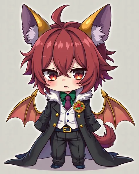 24-year-old chibi man with slightly long and messy red hair. His eyes have black sclera; the left one is red with green sparks and the right one, green with red sparks, now overshadowed by sadness. His golden fangs,  long and sharp , barely peek out while ...