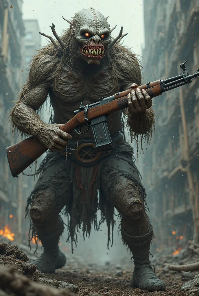 A human-like monster holds a mosina rifle