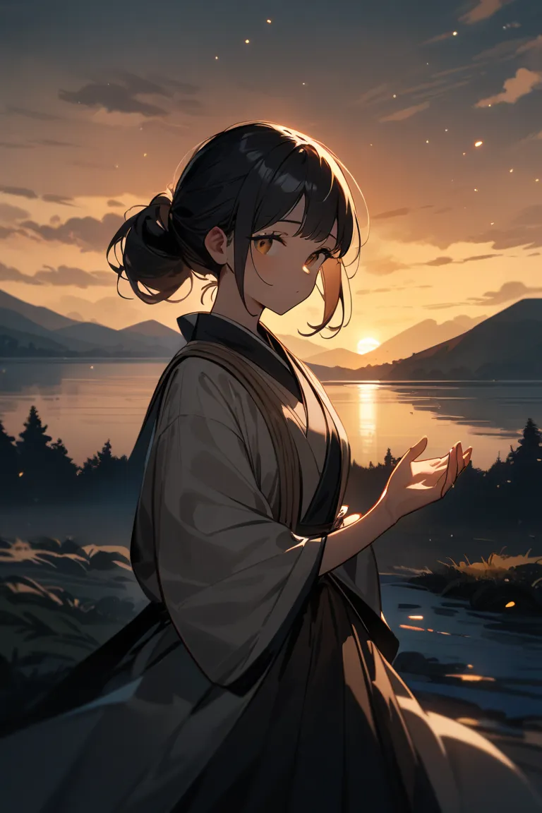 girl, Mori Sae  (New Year), Hololive, Lonely, looking at the viewer,  outdoor, cinematic angle,  waving their hand, masterpiece, best quality, aesthetics, High resolution