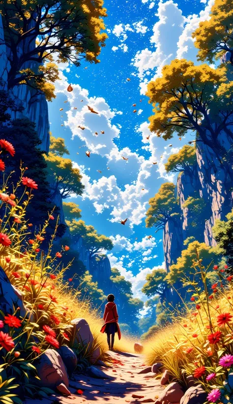 /imagine prompt: Viral anime nature wallpaper in 4K quality, in the style of 35mm lens photography inspired by Makoto Shinkai, capturing a beautiful magical forest with golden glow everywhere, breathtaking nature, unique flowers of various colors; warm and...