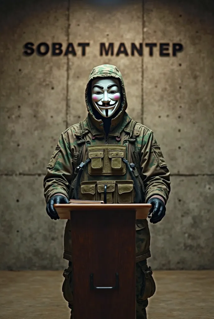 A man wearing an Anonymous mask, Age 20 years, Typical army camouflage parka jacket , The army's distinctive camouflage bulletproof vest, Army camouflage trousers, Typical army combat boots, Black leather gloves, army camouflage hood, While giving a speech...