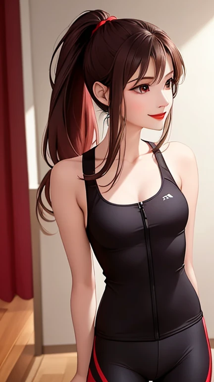 woman , ponytail hair brown, normal, dark, she is solo, from mirror world ,best quality, realistic, cycling (full dark red color) suit and cycling sports black shorts, she is stand , smile, red lipstick , 