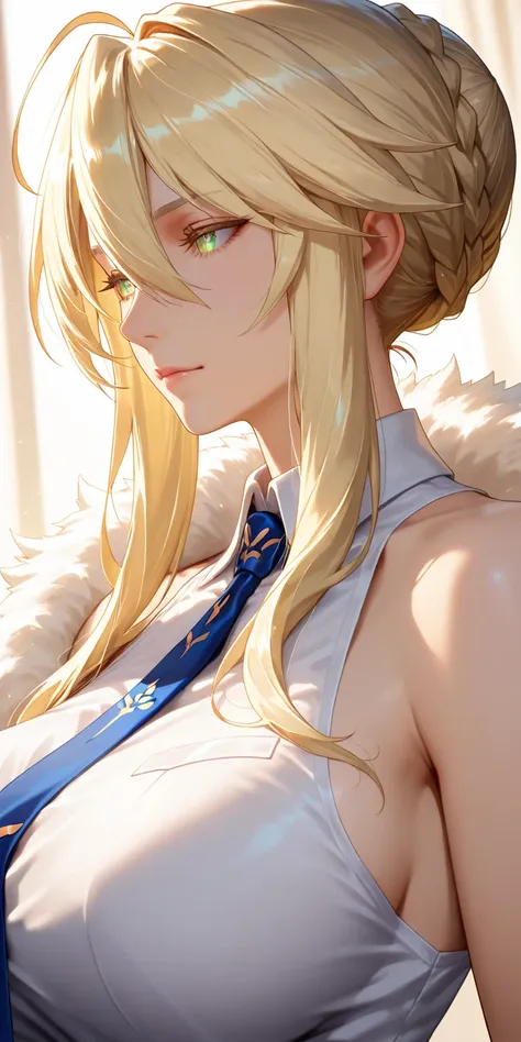 Masterpiece, very aesthetic, vibrant, high contrast, mature woman, artoria pendragon (lancer) (fate), milf, upper body, sleeveless collared shirt, tie, side boobs, fur trim, soft light, honkai: star rail cg style, semrealistic 
