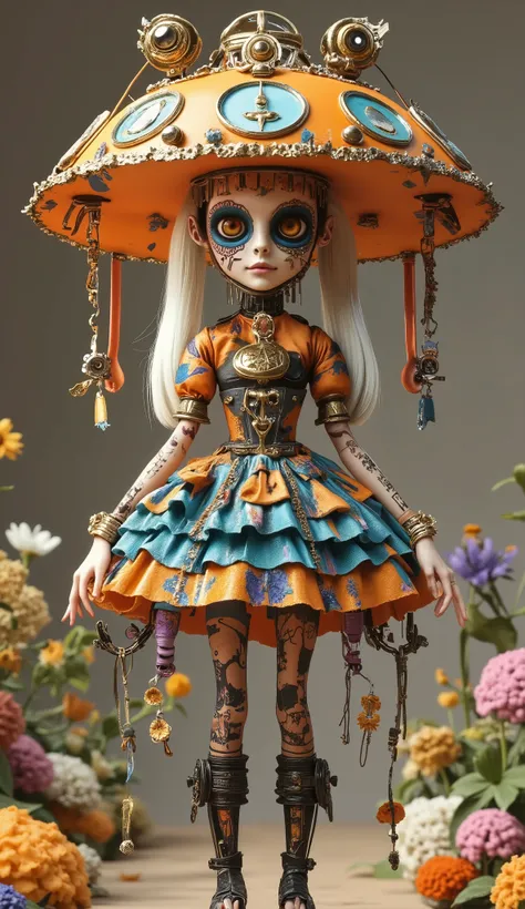 An old coin that pulls flexibly between fingers, a mecha skeleton,,stunt,beautifully realistic high-definition digital painting,Science Fiction,background:Magical garden,,Orange, blue,Focus on close-up,natural light,reflection,Smooth movement ,Extreme Deta...