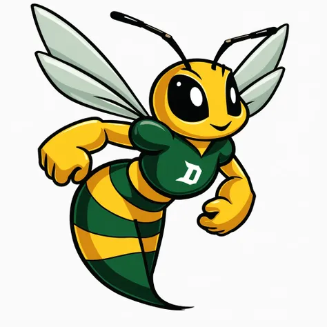 Green and yellow Hornet, yellow, white wings, black eyes, black antenna, two only muscles arms, white D Center on a chest, not scary, not creepy, 2D, fighting hockey sport logo, white background, not cute, For high school