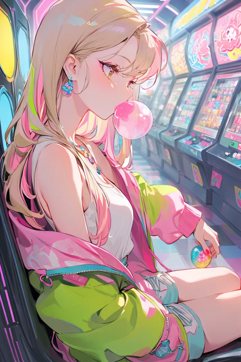  1 girl,  Eat bubble gum,    multicolor hair ,   shoulder-length hair  , Retro clothing ,  Sneakers, Glancing sideways,   sitting , Hyper Pop, In the arcade,   retro vibe , ,  masterpiece,  Highest quality , 