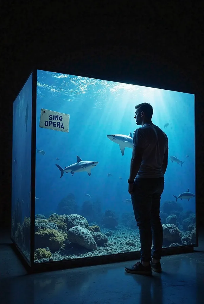 I WANT TO SEE THE INSIDE OF A BOX THAT IS COVERED WITH LED SCREENS, IN AERIAL VIEW AT 45 DEGREES, WITH A CHUBBY MAN INSIDE THE BOX, INTERACTING WITH SHARKS ON THE SEABED AND A SIGN THAT SAYS "SING OPERA",  TURN THE BACKGROUND BLACK.