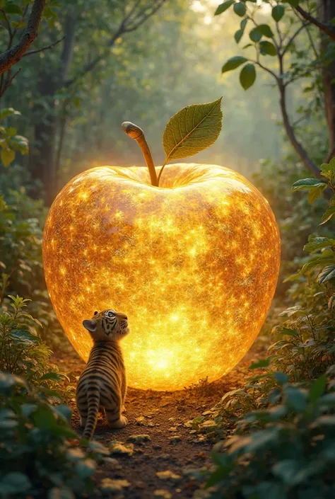 As the baby tiger ventured deeper into the jungle, its eyes widened in awe at the sight of a massive, glowing golden apple resting majestically in the heart of the wilderness.

