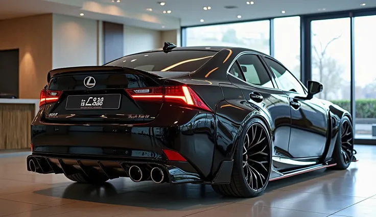 Realistic of futuristic 2026 Lexus IS 350, with modification, good looking, bright BLACK color, LEFT REAR view, parked in luxury showroom 
The background features a contemporary showroom setting with polished floors and natural light, enhancing the car's s...