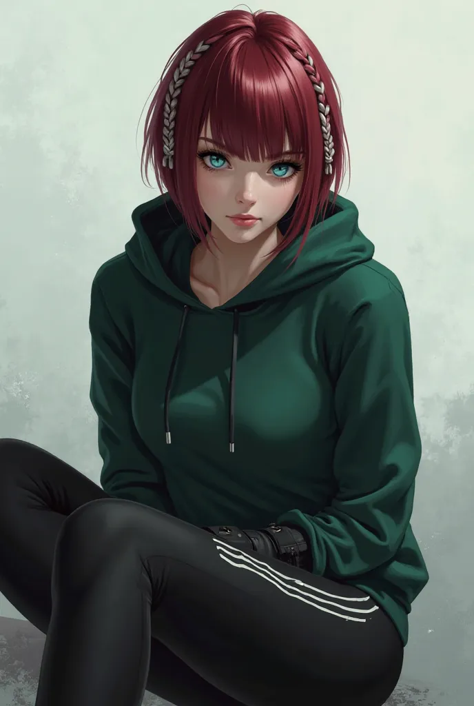 She must be a realistic woman with pale white skin and crystal blue eyes, she must have straight short hair above her shoulder, dark red with white twists in her hair and she must wear a dark green hooded sweatshirt and black leggings with white stripes on...