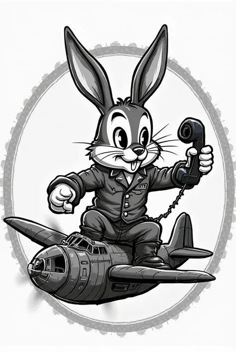 
A black and white vintage-style military mascot inspired by Oswald the Rabbit. The rabbit has a focused, determined expression and is sitting on a detailed WWII-era turbo prop engine. It is wearing a WWII military uniform with accurate period details. The...