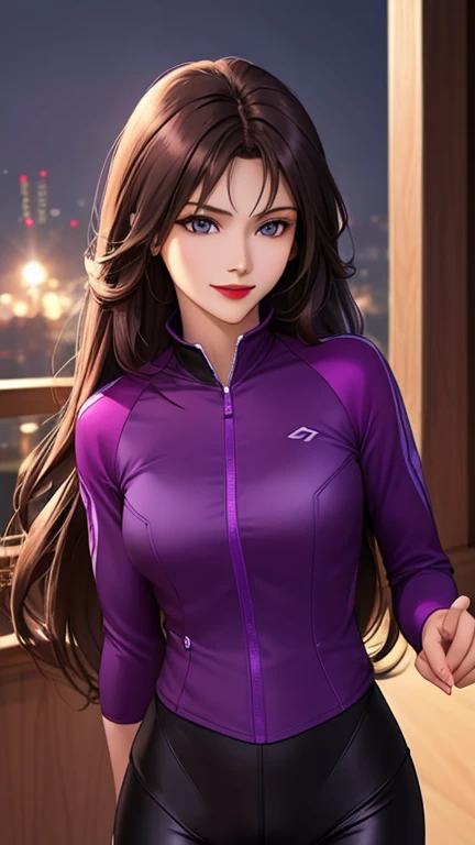 woman , long hair brown, normal, dark, she is solo, from mirror universe world ,best quality, realistic, cycling (full dark purple color) suit and cycling sports black shorts, she is stand , smile, red lipstick , 