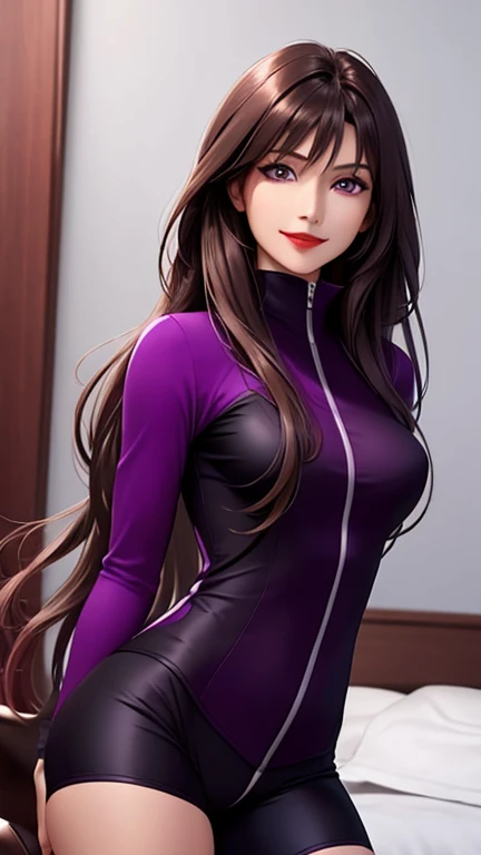 woman , long hair brown, normal, dark, she is solo, from mirror universe world ,best quality, realistic, cycling (full dark purple color) suit and cycling sports black shorts, she is stand , smile, red lipstick , 