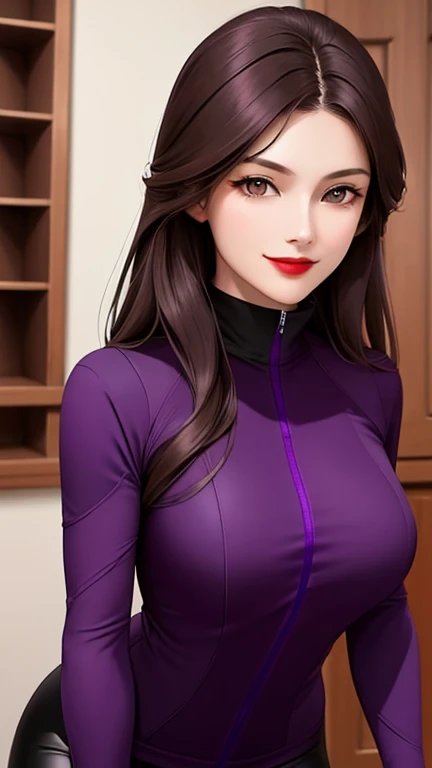 woman , long hair brown, normal, dark, she is solo, from mirror universe world ,best quality, realistic, cycling (full dark purple color) suit and cycling sports black shorts, she is stand , smile, red lipstick , 