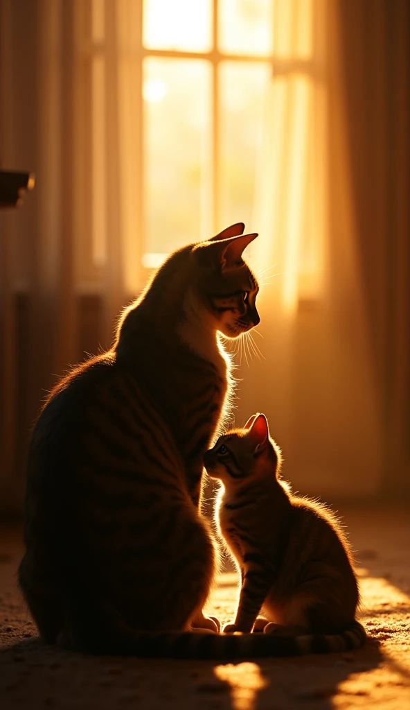 Masterpiece, best quality, warm indoor scenes, sunlight through windows, soft lighting, silhouettes of two cats (an adult cat and a young cat), harmonious arrangement, shallow depth of field, warm tones, golden sunlight, peaceful atmosphere, high contrast,...