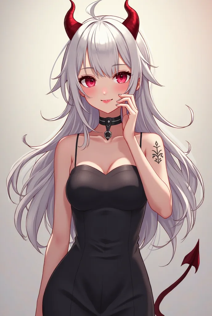 Anime girl with white hair and red eyes with devil horns full body with light smile with black dress With a small tattoo on the hand 