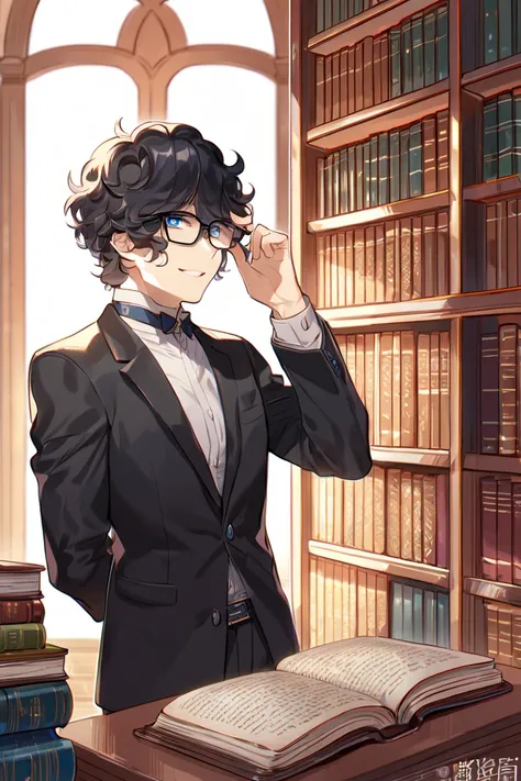 Absard dress , high resolution,  super precise, high resolution,  master 
, Highest quality, 1 male,  handsome, Age 25, black curly hair,  blue eyes, Bangs covering the eyes,  black suit,  Libraries , indoor ,  Smile、Books、glasses、