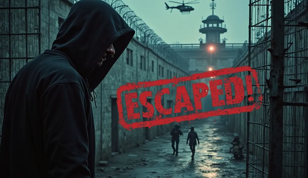 "A dark, cinematic crime thriller-style image. A mysterious fugitive with a partially hidden face, wearing a hoodie, disappearing into the shadows. A red ‘WANTED’ stamp is placed over his image. In the background, a high-security prison with broken bars an...