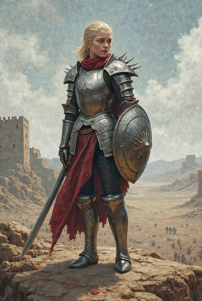 at the fence, a girl in the battlefield in armor
