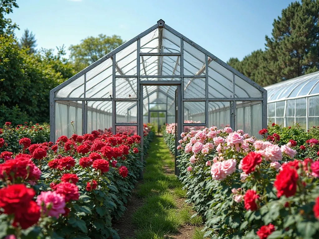 A beautiful greenhouse with a gable roof (A-frame) filled with vibrant blooming roses. The structure is made of transparent plastic or glass panels, allowing sunlight to enter and create an optimal growing environment. Rows of red, pink, and white roses ar...