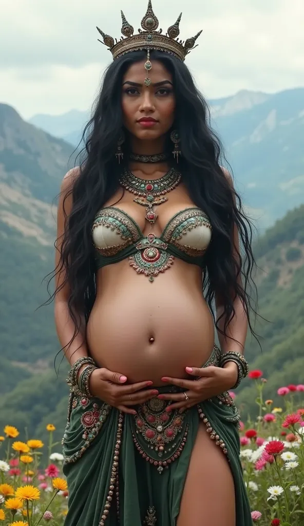 Indian goddess, woman, pregnant, very big boobs, sexy woman, wearing tight fancy transparent white black yallow sexy bra,visible big breasts over transparent bra sexy fancy tight pink blue green transparent green black sexy black skirt sexy penty, standing...