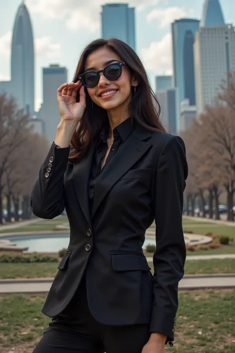 She is wearing black sunglasses and a black tight suit. With a bright smile, I'm holding my glasses with my hand and looking down slightly. It's a park in the city center with a good view of the skyscrapers.