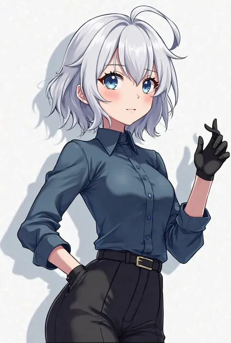  anime style girl bnha , albina with a pale complexion and light blue eyes, short wavy hair up to the shoulders, soft and shy expression, her hero uniform is black pants with a dark blue blouse, she has black fingertips and her ability to create shadows 