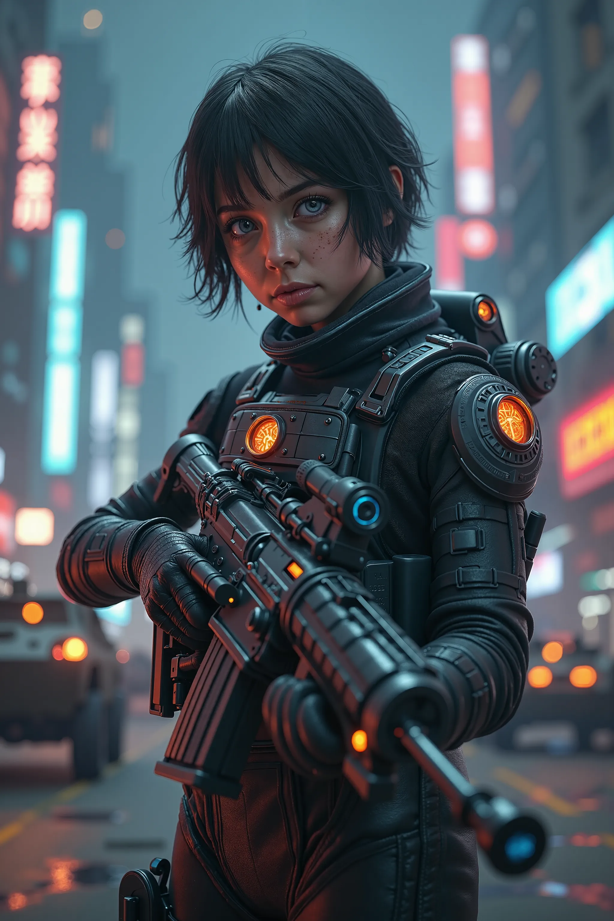 An ultra realistic full body image of a futuristic special forces, young girl with short wavey hair, small sharp nose, big eyes, blue eyes, big ass, ULAF, skin tight full body armour with light gauges, futuristic machine gun with lit power gauges, utility ...