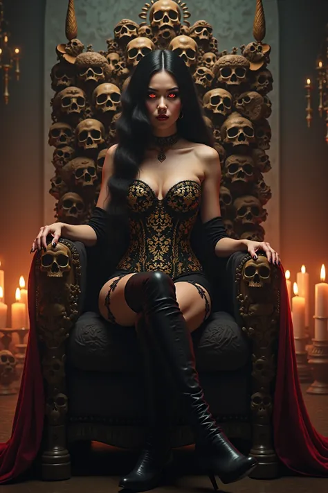 A breathtakingly seductive vampire queen sits regally upon a throne of skulls, exuding an aura of dominance and power. Her piercing, luminous red eyes glow with an almost hypnotic intensity, locking onto anyone who dares meet her gaze. Her face is striking...