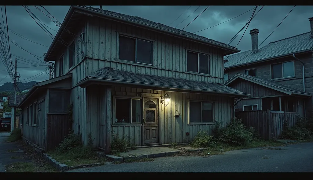 Local Japanese city,  building on the left, night,Human taxidermy workshop in an abandoned rental property, looks like it used to be a rental property in town.