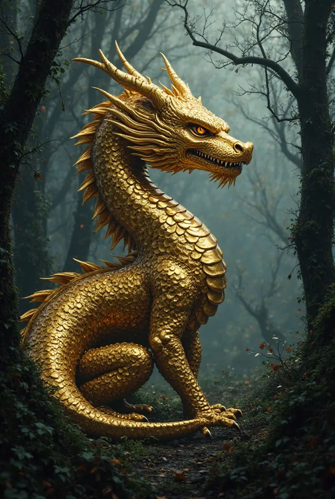 a real solid gold metallic dragon in a jet black forest 