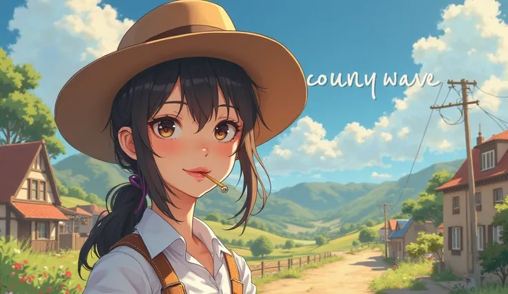 A beautiful full-length anime girl wearing a cowboy hat and a straw in her mouth winks. village in the background, and in the center it is written in a beautiful font "COUNTRY WAVE"