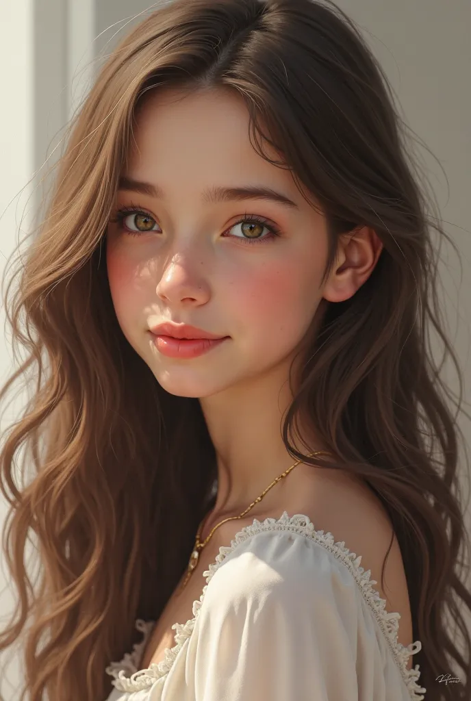 A  girl with brown hair , Realistic 