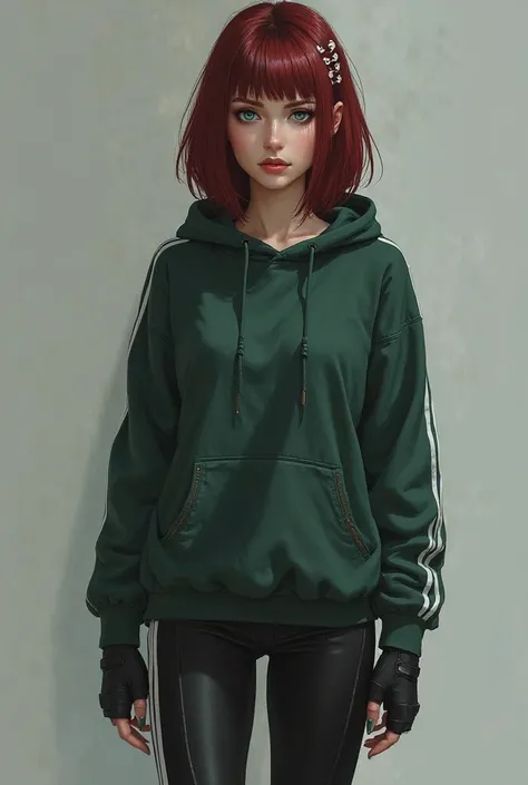 She must be a realistic woman with pale white skin and crystal blue eyes, she must have straight short hair above her shoulder, dark red with white twists in her hair and she must wear a dark green hooded sweatshirt and black leggings with white stripes on...