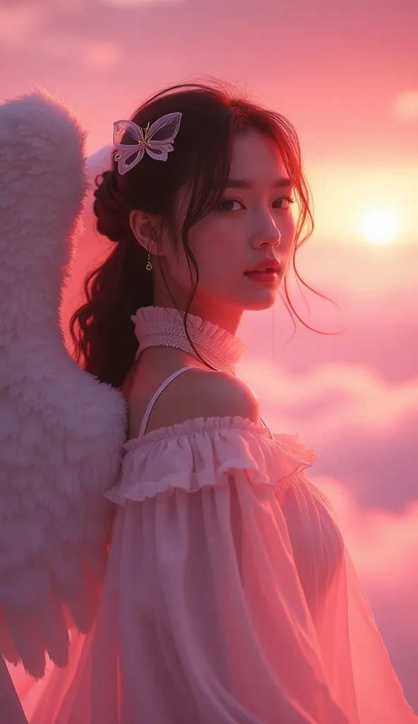 Images that seem to make love luck rise、Heart in the back、Pink light、live-action、”、“Asian Japanese” 、beautiful、Mysterious、The angel “Raphael” is right in front of me、woman、The face is shown in large size、looking at the camera、Standing in the clouds、