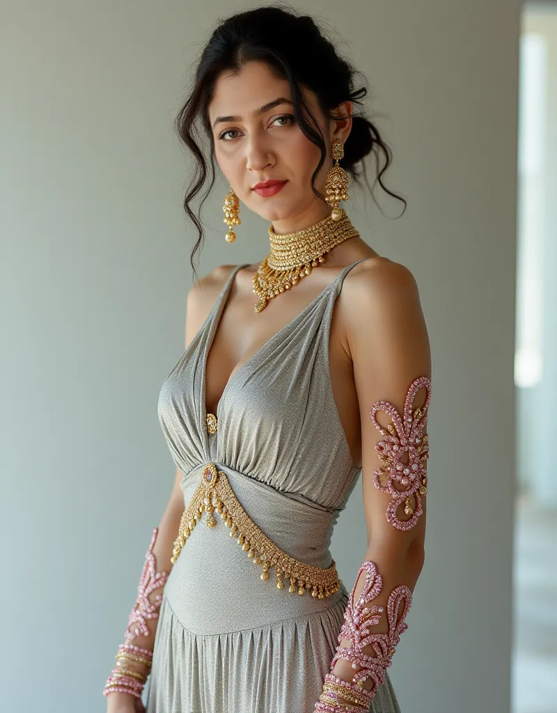 Sexy woman dressed in gold and pink jewelry all over her body on her head super sexy silver dress