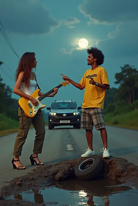 A photo-realistic wide shot of an Indonesian female guitarist with fair skin, long brown hair, dressed in a white tank top, cargo suit, and high-heeled sandals, playing a yellow Ibanez electric guitar. Nearby, an Indonesian man with curly hair and tanned s...