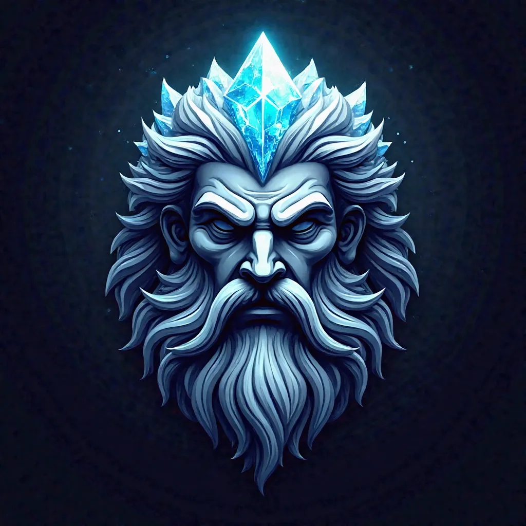 "Epic logo design features the head of Zeus with a fierce and authoritative expression. On his head is a shimmering crown of ice, reflects the power and majesty of the thunder god. Modern logo style with sharp detail, dramatic lighting, and shades of ice b...